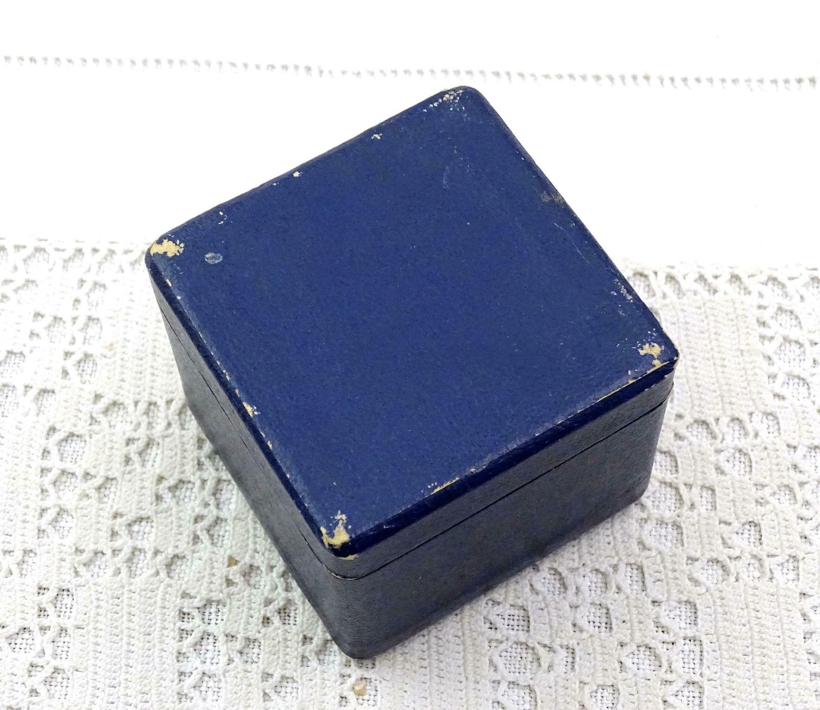 Vintage French Blue Square Leather Covered Ring Box White Velvet Satin Lining, Retro Jewelry Presentation Case, Engagement Wedding Proposal photo Home Decor