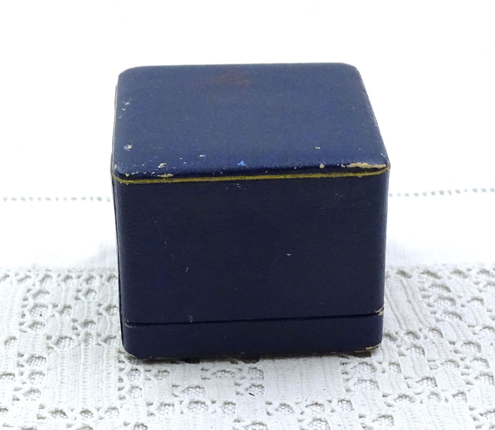 Vintage French Blue Square Leather Covered Ring Box White Velvet Satin Lining, Retro Jewelry Presentation Case, Engagement Wedding Proposal photo 69.0