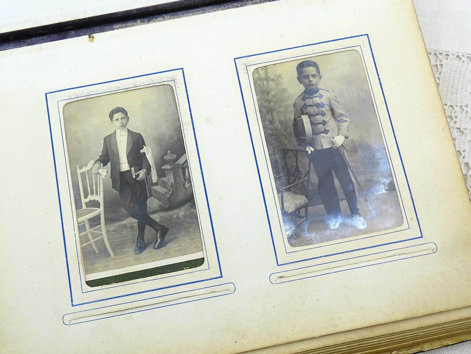 Antique French Large Thick Victorian Photo Album With Embossed Leather Cover And 42 Black And White Family Photographs, Old Book France