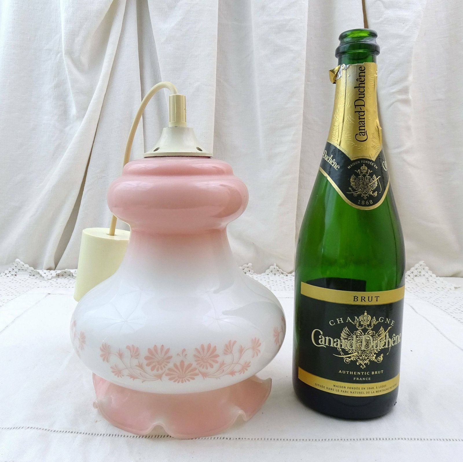 Vintage French Mid Century White And Pink Opaline Pendant Hanging Lamp Shade, Retro 1960s / 1970s Glass Ceiling Light From France photo buy