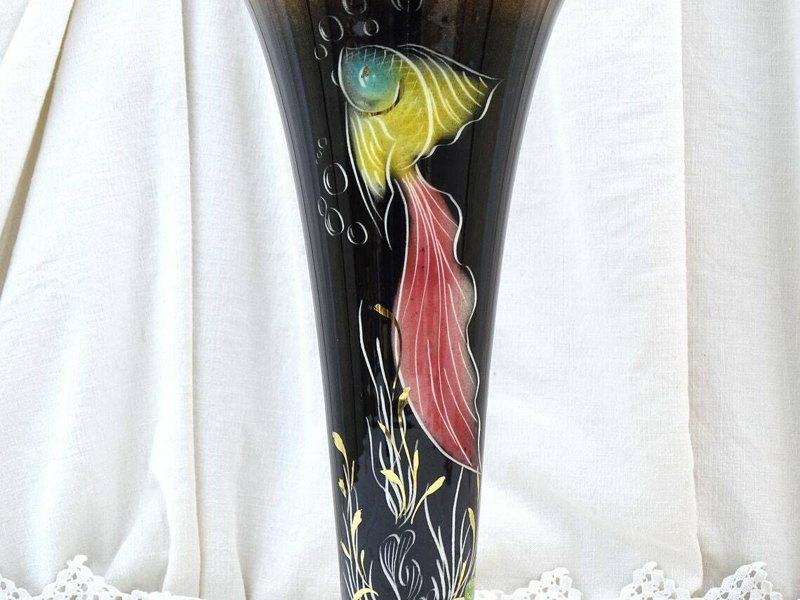 Large 1950s Mid Century Vintage French Hand Painted Lusterware Footed Conical Fluted Vase Exotic Fish Pattern On Black Kitsch Mcm Pottery photo Home Decor