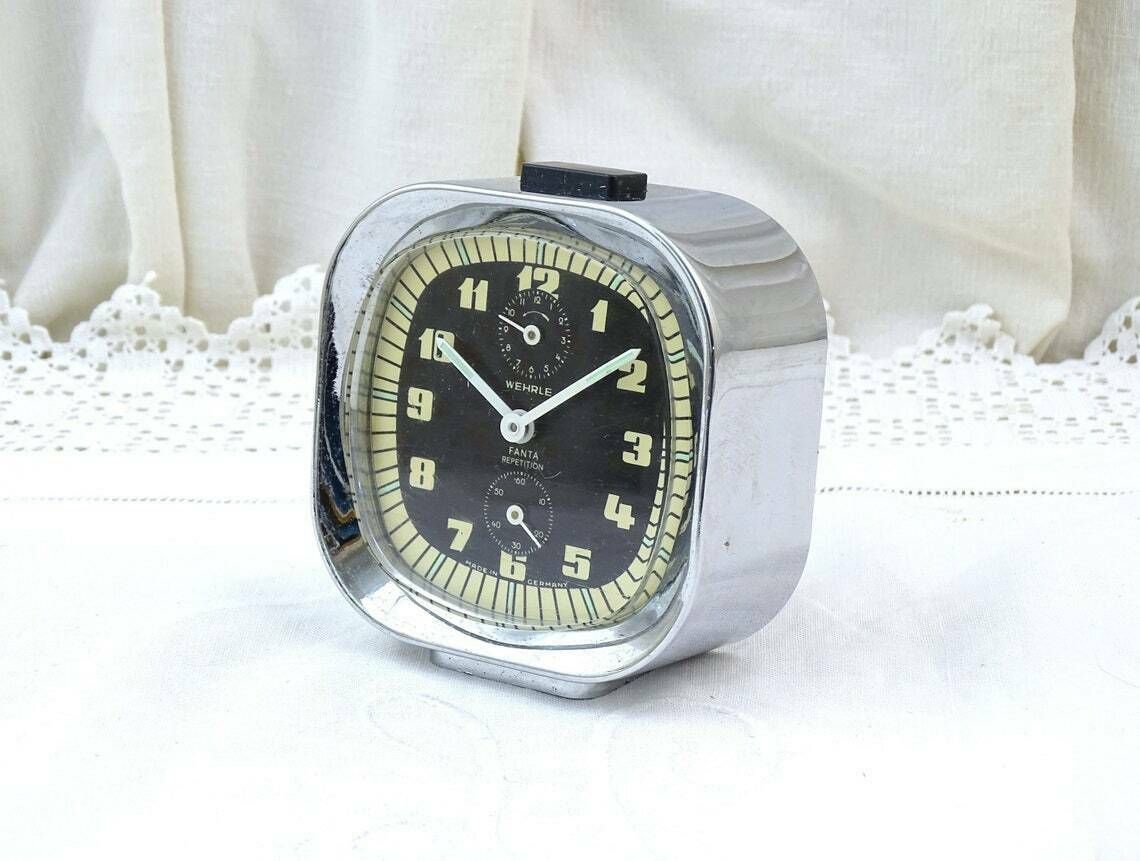 Vintage Mid Century Working German Wehrle Fanta Repetition Wind Up Alarm Clock In Silver  Retro 1960s Bedside Mechanical Time Piece Germany