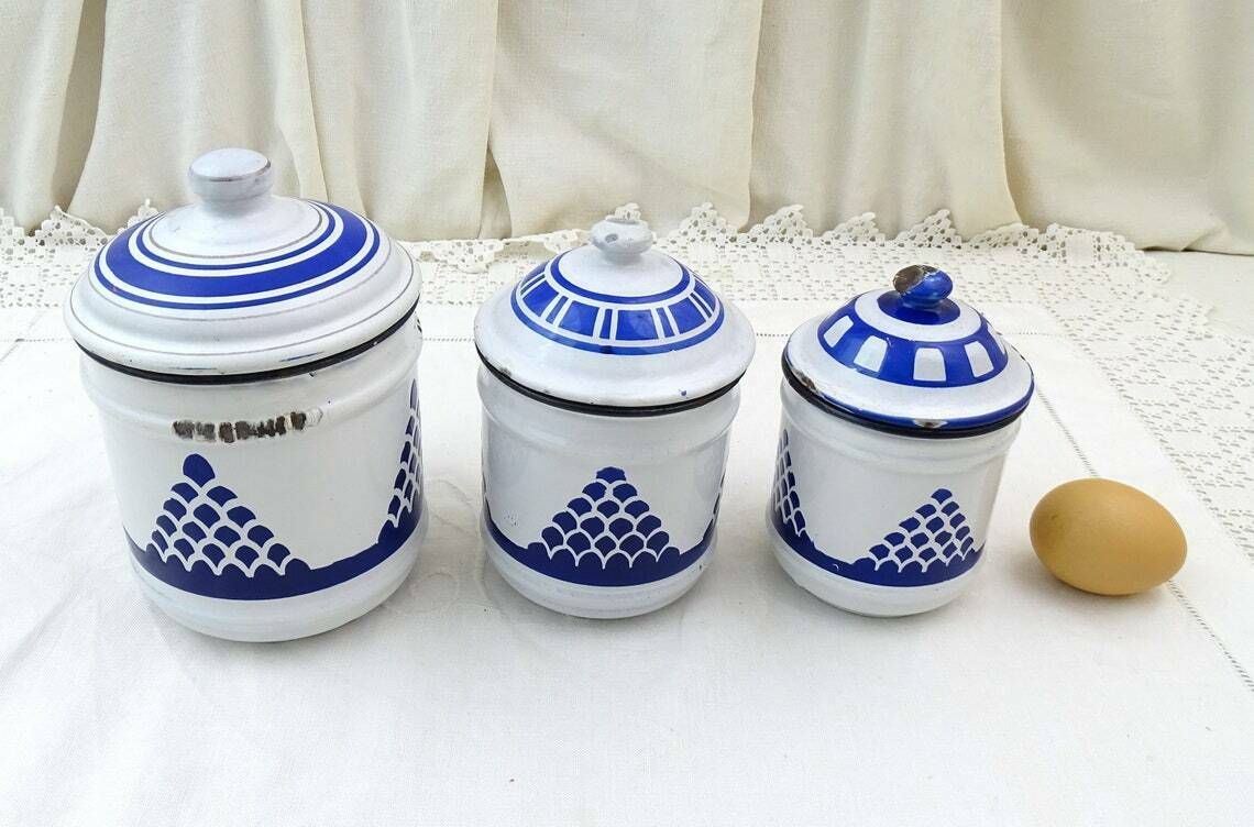 Antique French Chippy Blue And White Enamelware 3 Piece Canister Set Retro Enamel Kitchen Decor France Old Style Metal Storage Containers photo for sale