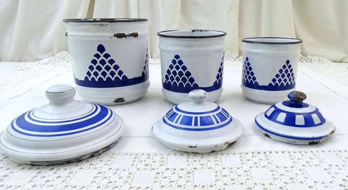 Antique French Chippy Blue And White Enamelware 3 Piece Canister Set Retro Enamel Kitchen Decor France Old Style Metal Storage Containers photo 94.0