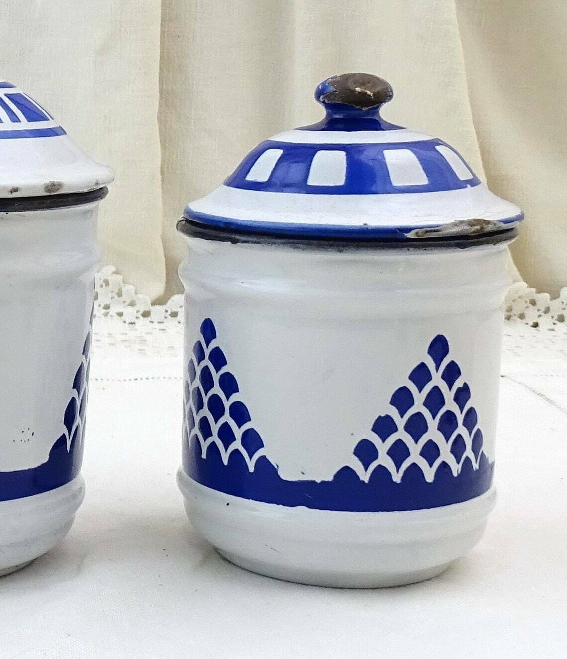 Antique French Chippy Blue And White Enamelware 3 Piece Canister Set Retro Enamel Kitchen Decor France Old Style Metal Storage Containers photo vintage