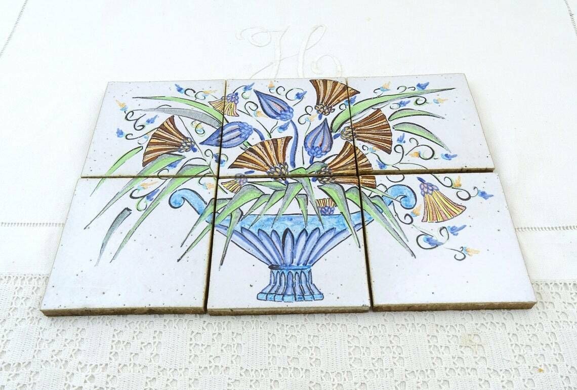 6 Vintage Italian Unused Hand Painted Mural Splash Back Ceramic Square Tiles With Floral Pattern Retro Pottery Kitchen Handmade Decor Italy