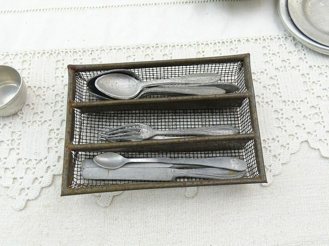 Vintage French Dolls Play Dinner Set With Enamel Trivet, Cutlery And Cast Iron Cooking Pot, Retro Childs Pretend Kitchen Toys, Kids Playing photo vinterior