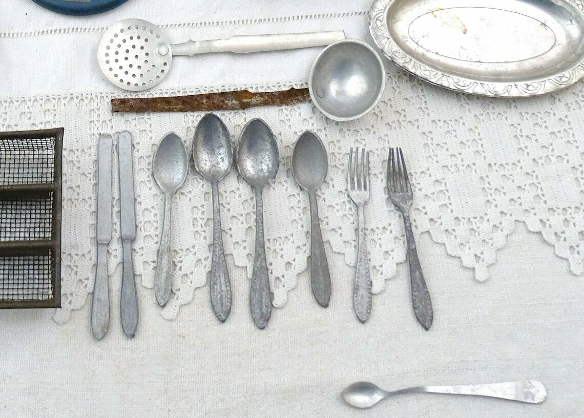 photo furniture Vintage French Dolls Play Dinner Set With Enamel Trivet, Cutlery And Cast Iron Cooking Pot, Retro Childs Pretend Kitchen Toys, Kids Playing