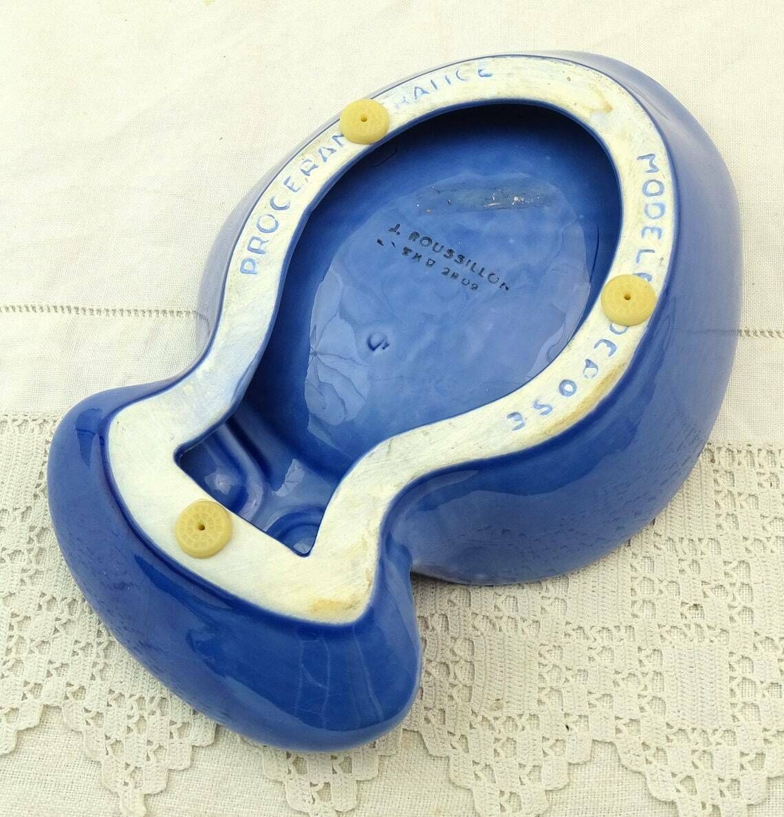 Large Vintage French Denis Mounié And Co Grande Reserve Fine Champagne Ashtray In Blue Glazed Pottery, Retro Big Promotional Smoking Item photo buy