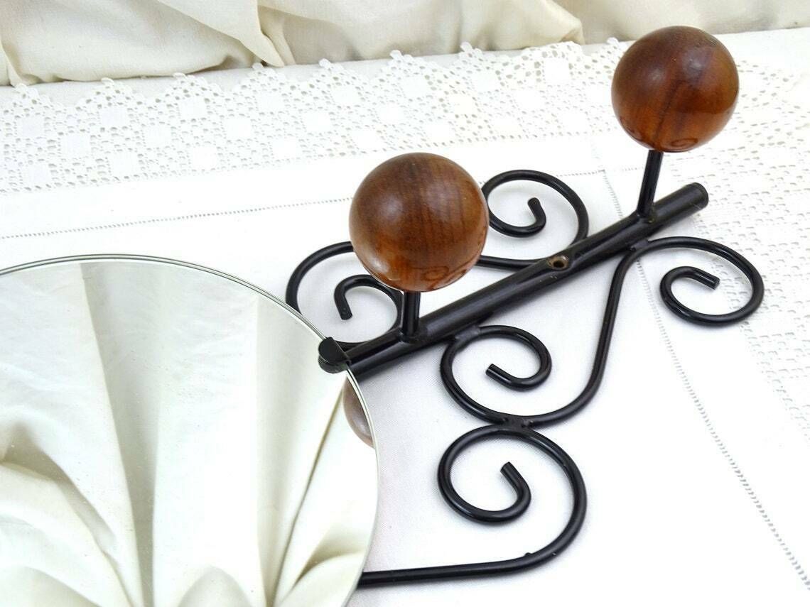 Vintage French Wall Mounted 4 Ball Hook Coat Rack With Round Mirror And Black Forged Metal Frame, Retro 1960s Hall Furniture From France photo 97.0