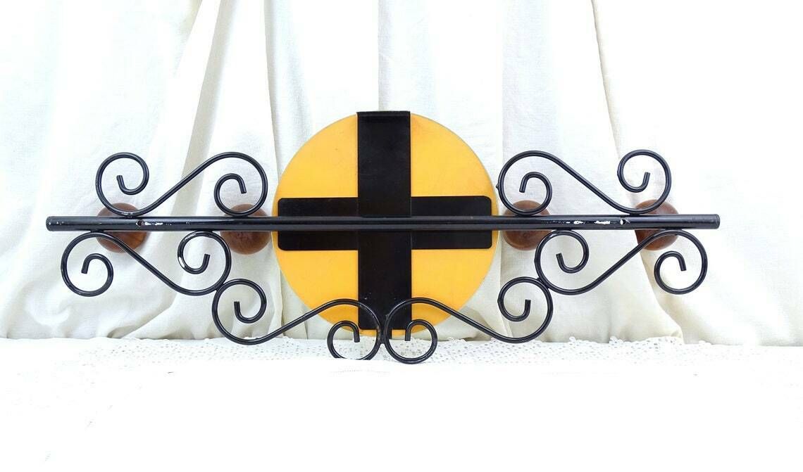 Vintage French Wall Mounted 4 Ball Hook Coat Rack With Round Mirror And Black Forged Metal Frame, Retro 1960s Hall Furniture From France photo buy