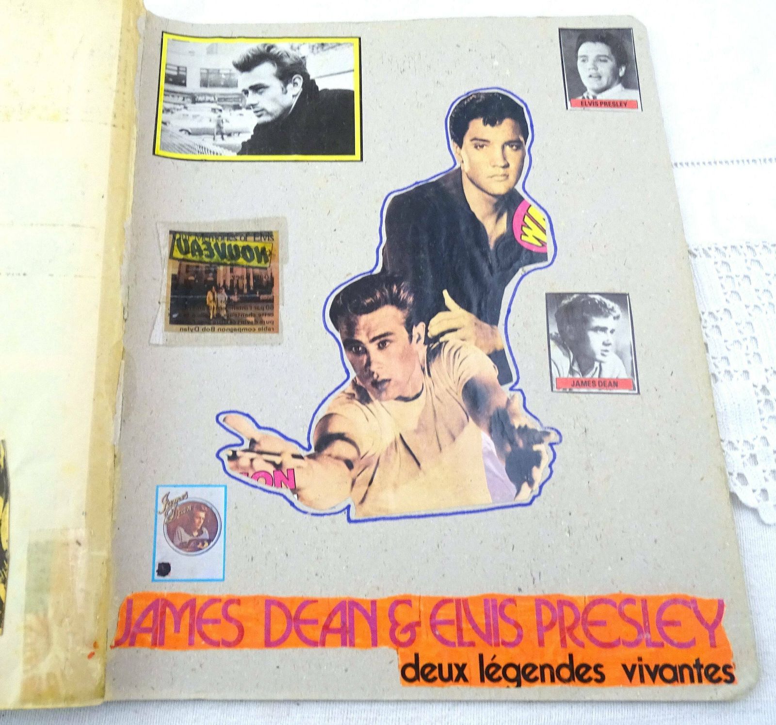 Scrapbook vintage français fait main, Elvis Presley et James Dean, collage rétro unique de coupures de presse, ancienne collection photo vintage