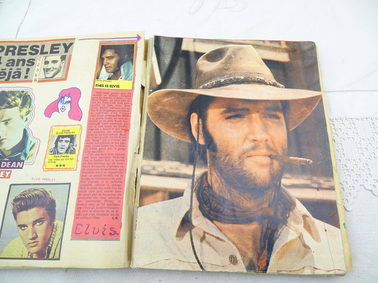 photo furniture Scrapbook vintage français fait main, Elvis Presley et James Dean, collage rétro unique de coupures de presse, ancienne collection