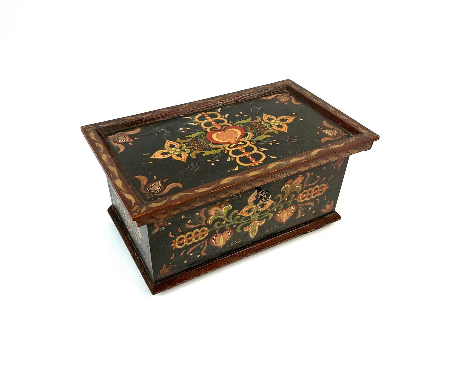Stunning Antique Black Forest Hand Painted Wooden Jewelry Box Germany 1850