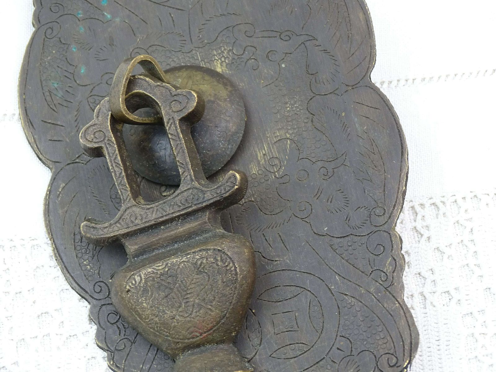 Large Antique Engraved Chinese Cabinet Handle Pull Made Of Bronze, Vintage Furniture Fixture From China Made Of Metal, Curio From Asia photo for sale