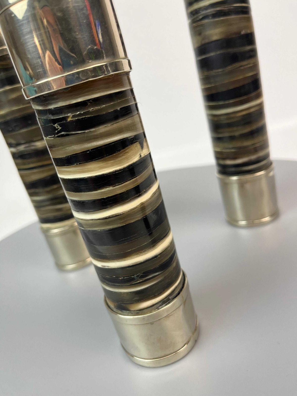 Unique Handmade Set Of Three Mid Century Horn & Silver Plate Candlesticks By Airedelsur Argentina photo buy