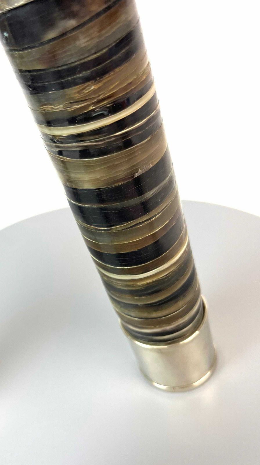 photo for sale Unique Handmade Set Of Three Mid Century Horn & Silver Plate Candlesticks By Airedelsur Argentina