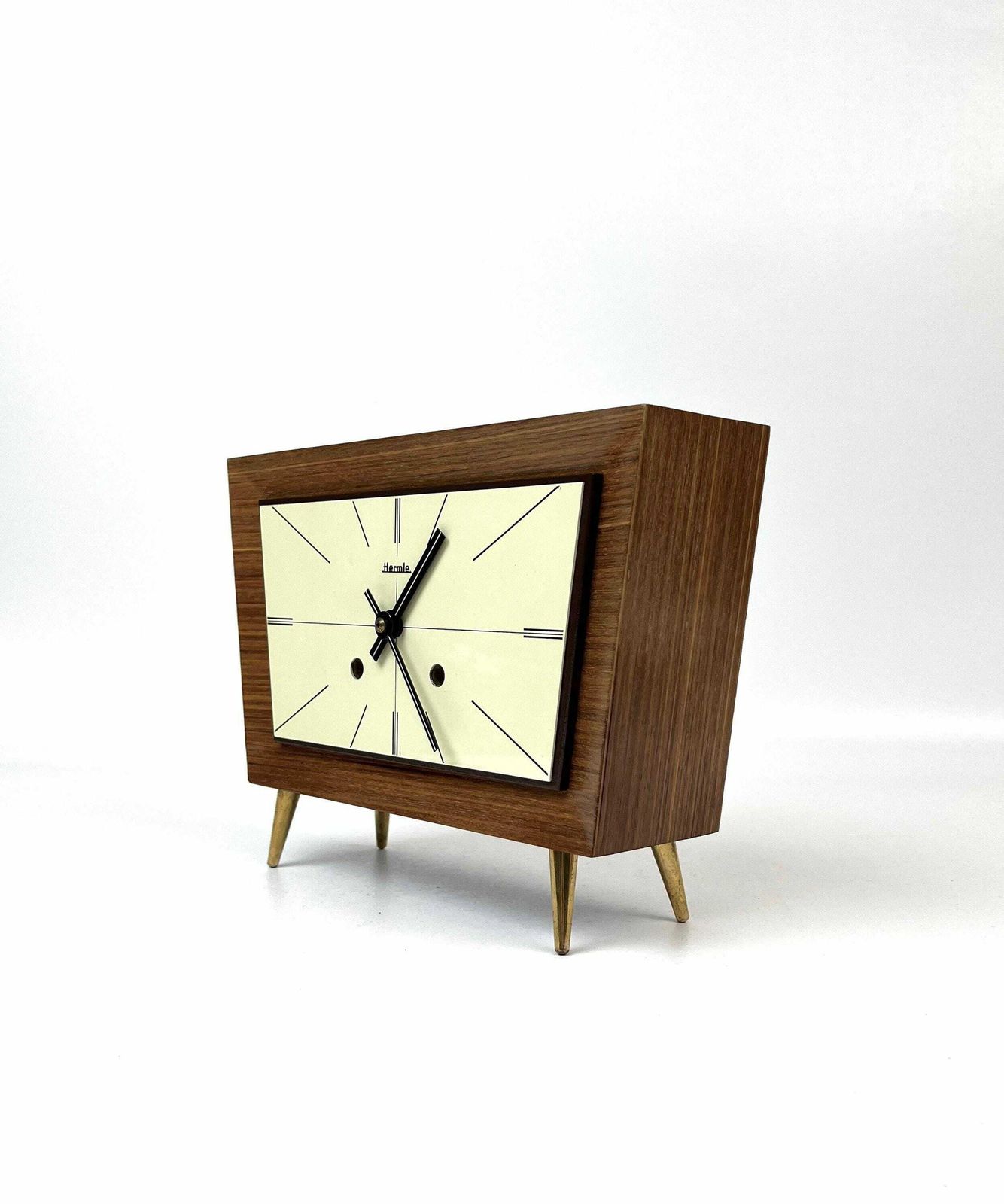 Rare Minimalist Mid Century Teak Desk Clock By Hermle Germany 1960 photo 325.0