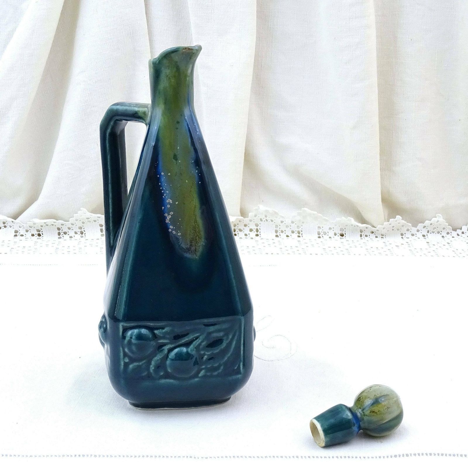 Antique French Denbac Ceramic Art Deco Decanter And Stopper In Blue Drip Glaze, Retro 1930s Pottery Pitcher From France, Teal Blue Jug photo vinterior