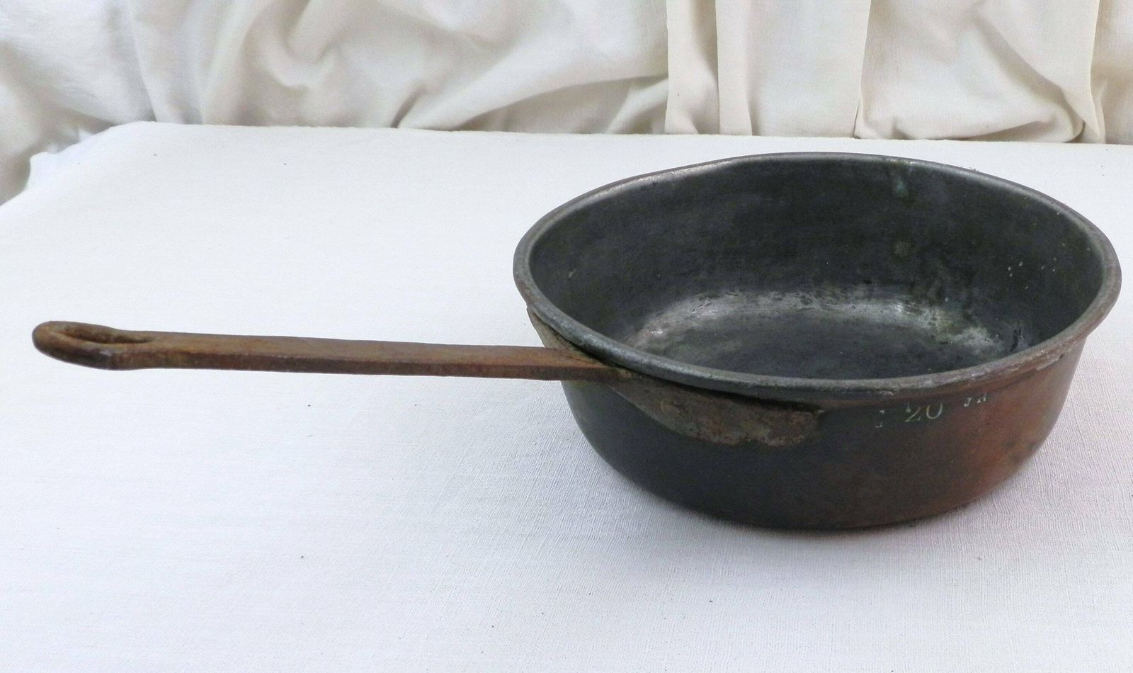 French Antique 19th Century Tin Lined Copper Cooking Pan 20 By Jr With Forged Iron Handle, Vintage Country Chateau Kitchenware From France photo Home Decor