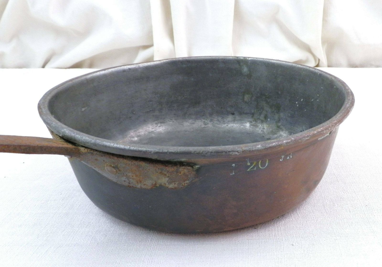 French Antique 19th Century Tin Lined Copper Cooking Pan 20 By Jr With Forged Iron Handle, Vintage Country Chateau Kitchenware From France photo 95.0