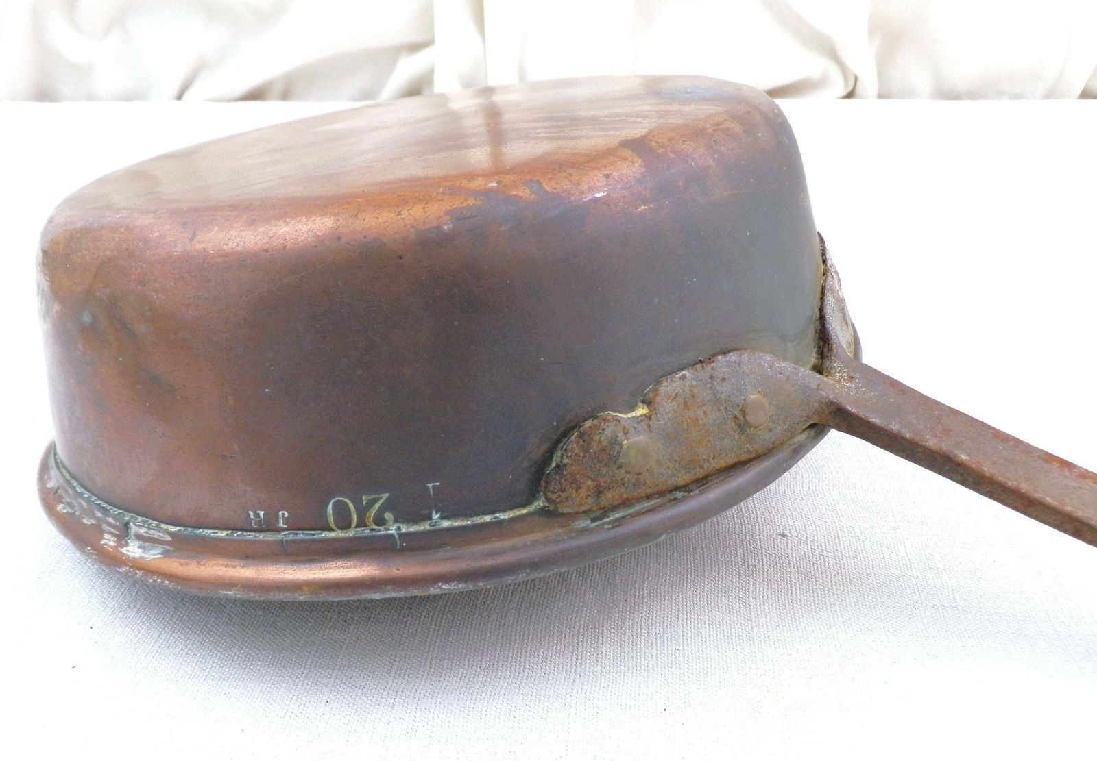 French Antique 19th Century Tin Lined Copper Cooking Pan 20 By Jr With Forged Iron Handle, Vintage Country Chateau Kitchenware From France photo buy