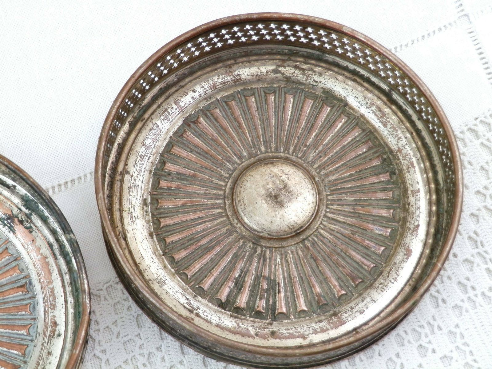 Set Of 3 Antique French 19th Century Silver Plated Wine Bottle Coasters, Shabby Chateau Chic Dinner Tableware, Brocante Parisian Decor photo vinterior