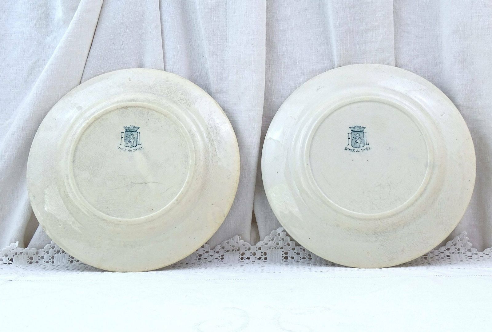 2 Antique French Ironware Style Plates With Large Teal Blue Flower Pattern By Fl From The Range Rose De Noel, Vintage Ironstone Wall Plate photo for sale