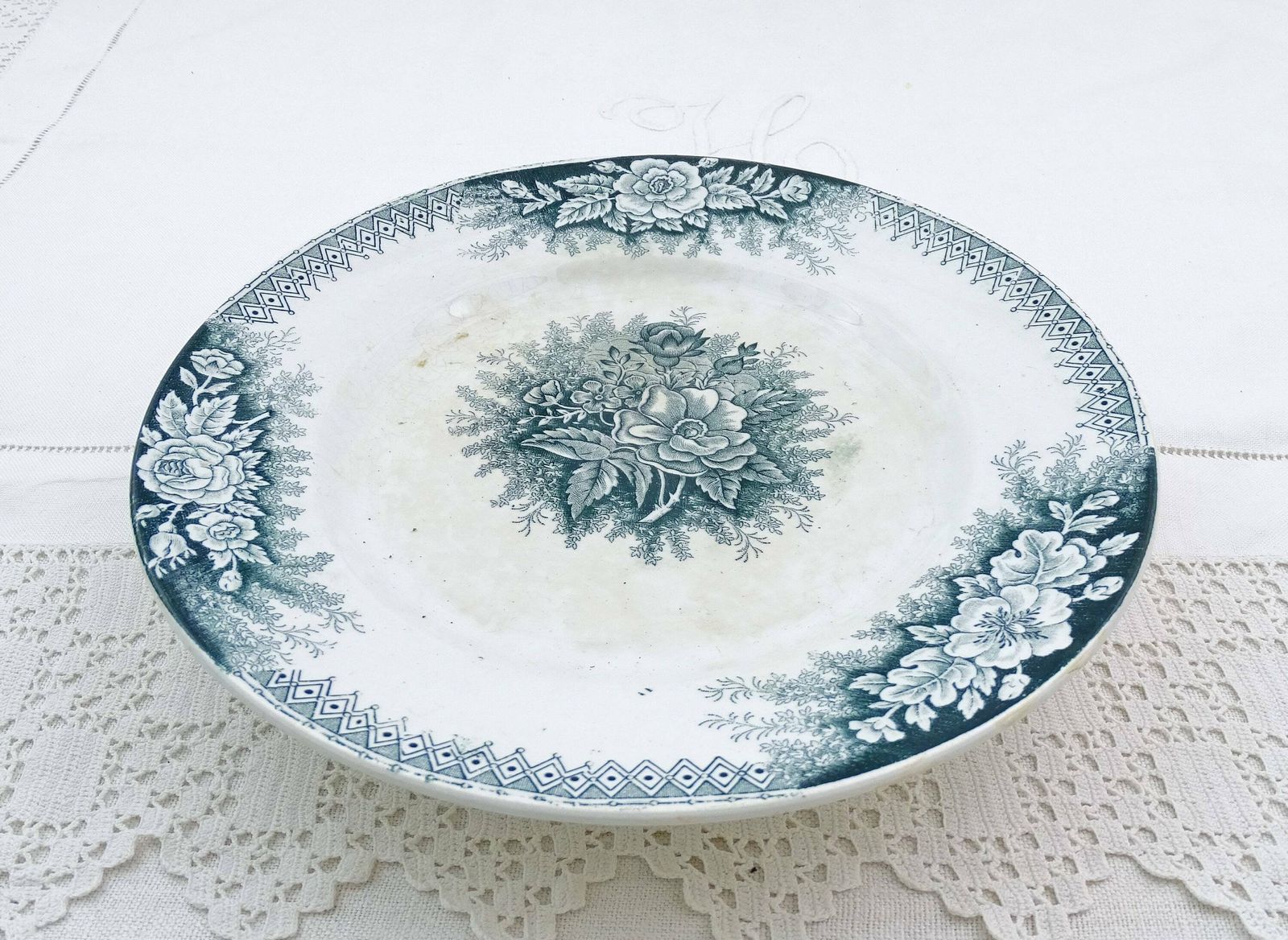 Antique French Ceramic Footed Cake Stand By St Amand From The Jardiniere Range With Rose Flower Pattern In Teel Blue, Pottery Tazza Dish photo 58.0