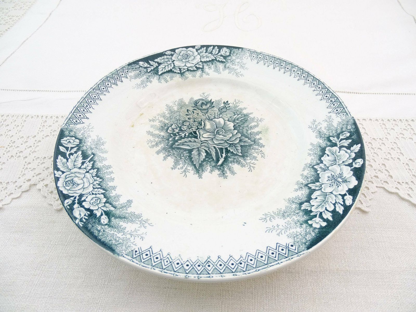 Antique French Ceramic Footed Cake Stand By St Amand From The Jardiniere Range With Rose Flower Pattern In Teel Blue, Pottery Tazza Dish photo buy