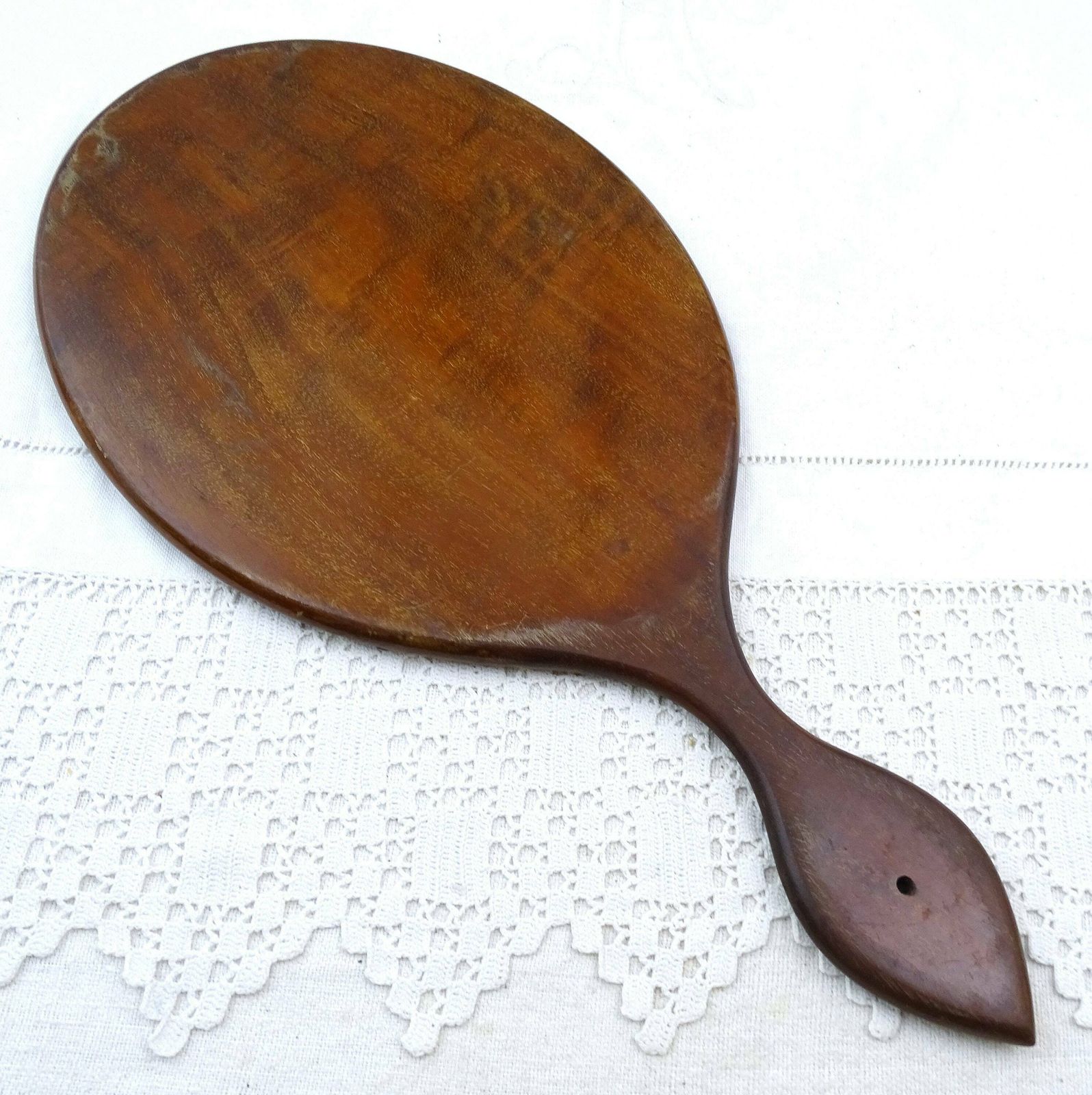 Large Antique French Wooden Distressed Oval Vanity Hand Mirror, Retro Boudoir Accessory From France, Old Make Up Looking Glass Made Of Ebony photo furniture