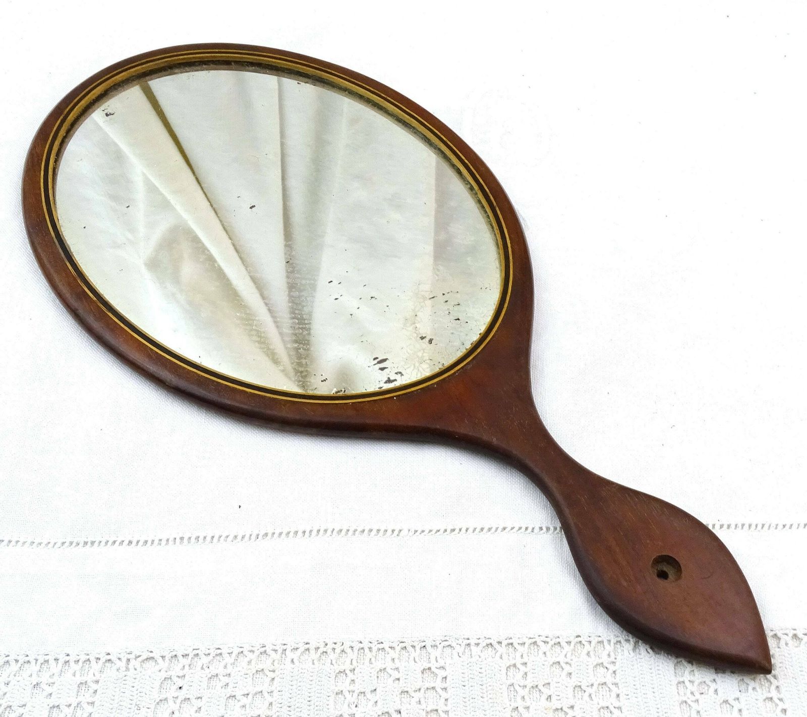 Large Antique French Wooden Distressed Oval Vanity Hand Mirror, Retro Boudoir Accessory From France, Old Make Up Looking Glass Made Of Ebony photo 69.0
