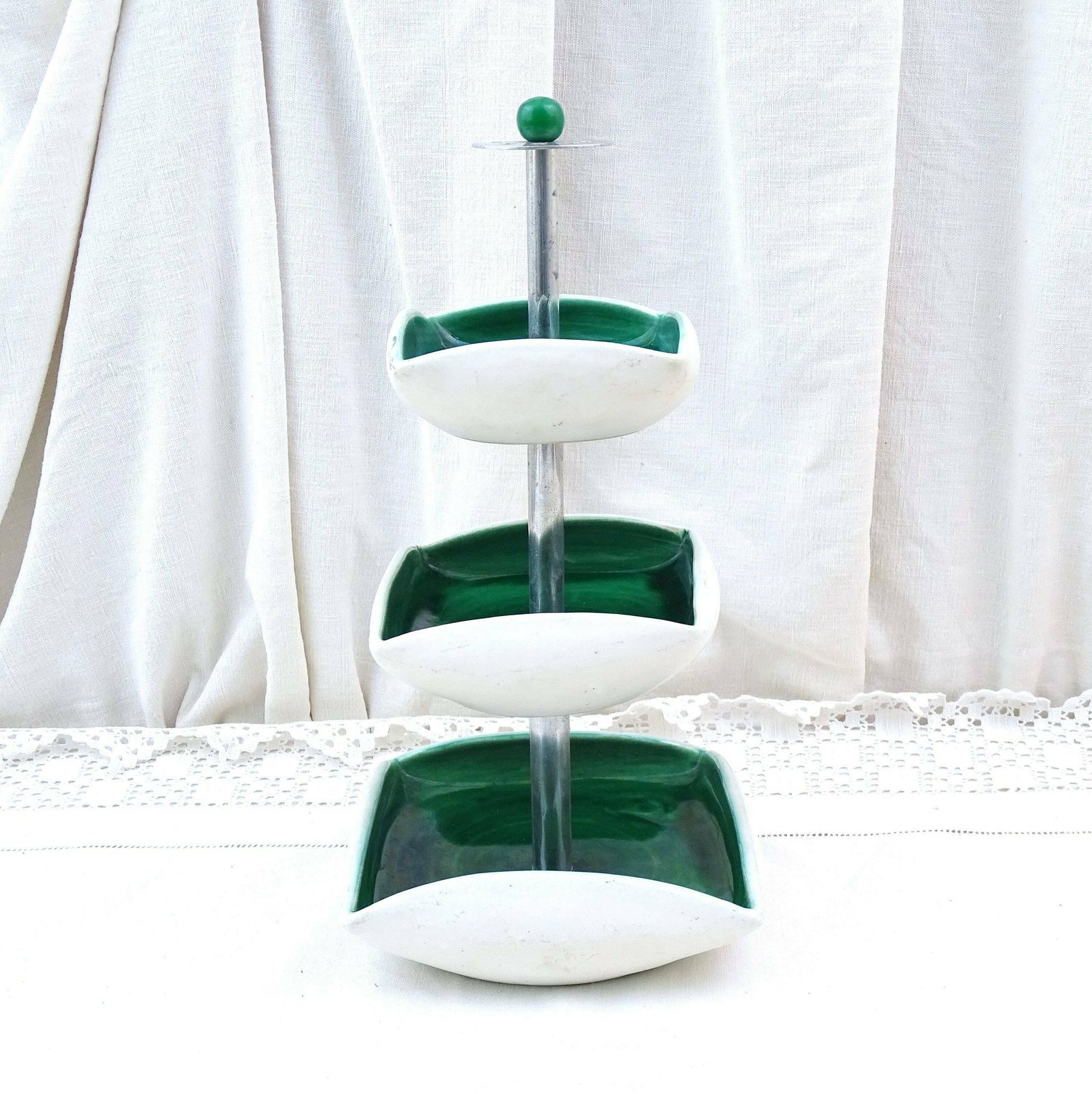 Vintage French Mid Century Modern Pottery Tiered Cocktail Bowls In Green And White, Retro 1960s Pillared Stand For Aperitif, Jewelry Dish photo for sale