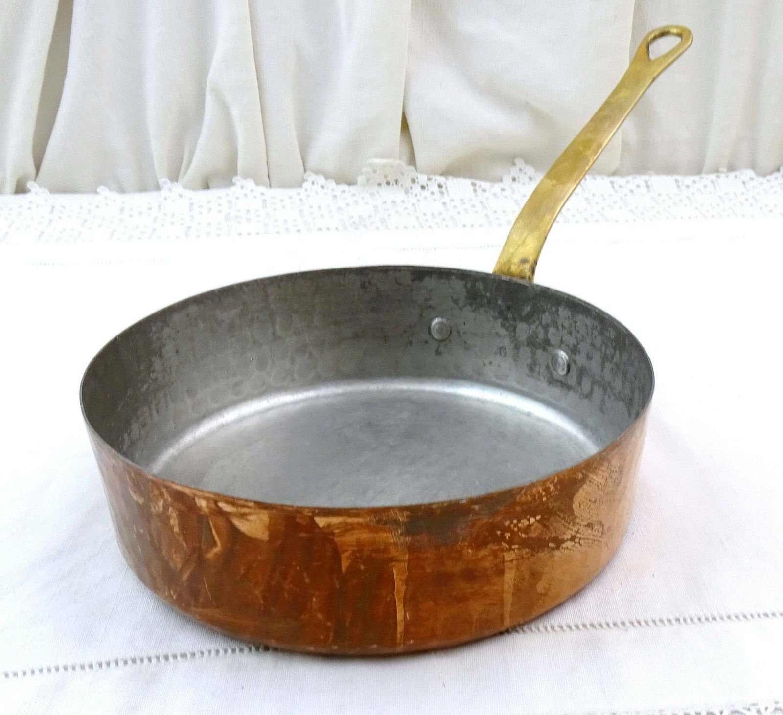 Vintage French Tin Lined Copper Skillet Made In Villedieu France, Retro Metal Cooking Saute Pan From France, Country Kitchen Frying Pan photo for sale