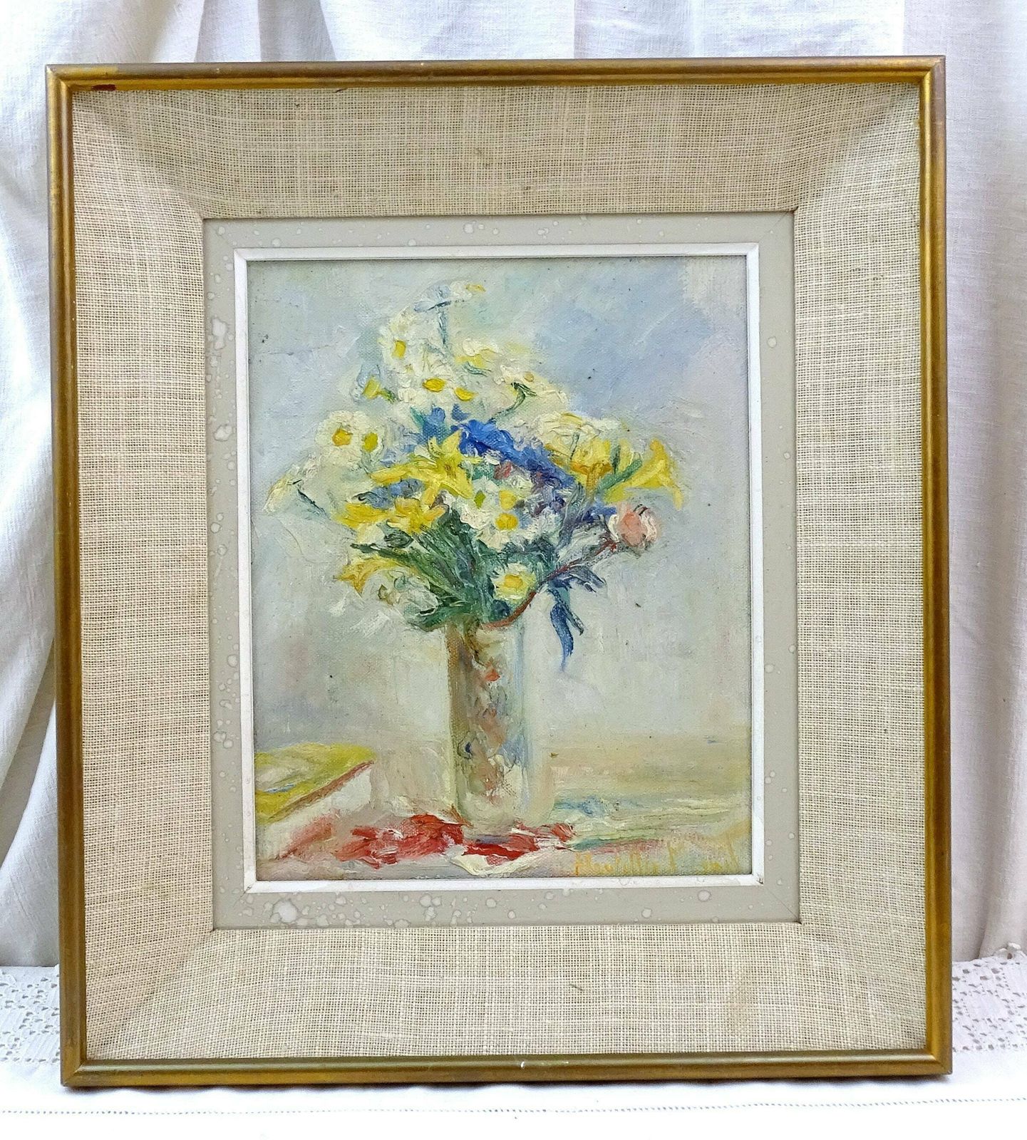 Vintage Frans ingelijst handgeschilderd olieverf op doek – bloemenstilleven met gele bloemen in een vaas, wanddecoratie photo furniture