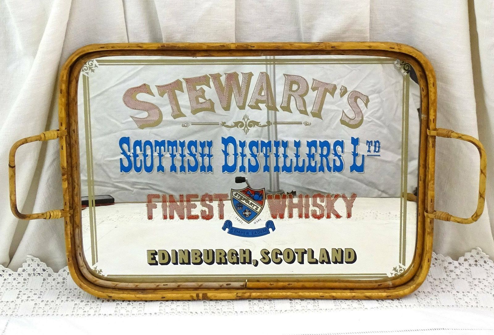 Vintage Promotional Glass And Bamboo Tray For Stewarts Scottish Distillers Edinburgh, Retro Mcm Whisky Advertising Barware From Scotland photo for sale