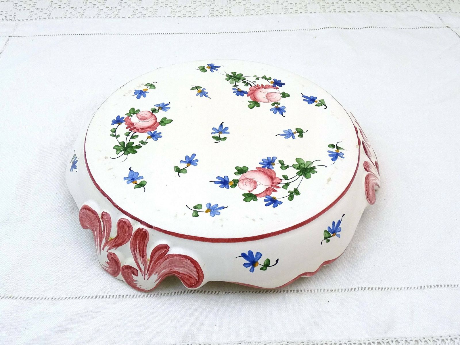 Large Vintage French Traditional Style Kitchen Table Pottery Trivet With Hand Painted Pink Rose Pattern, Retro Big China Plant Pot Stand