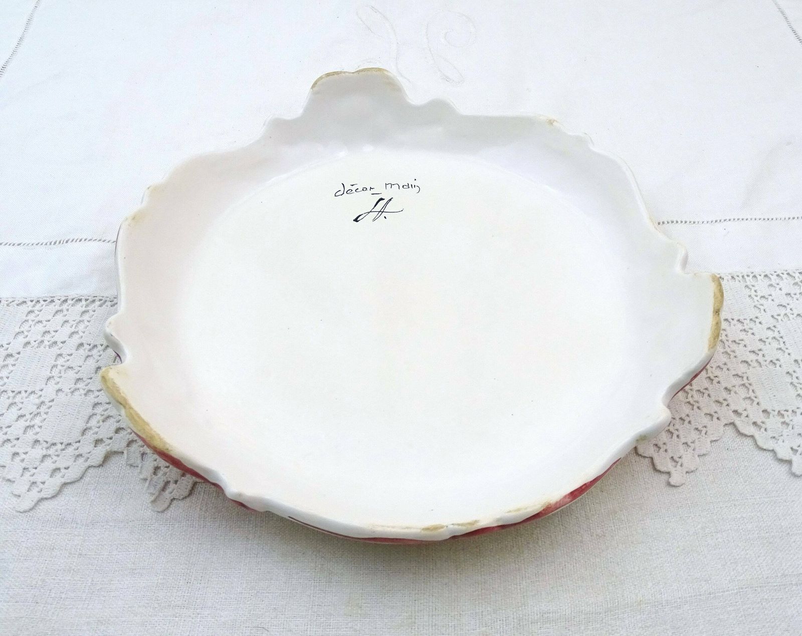 Large Vintage French Traditional Style Kitchen Table Pottery Trivet With Hand Painted Pink Rose Pattern, Retro Big China Plant Pot Stand photo Home Decor
