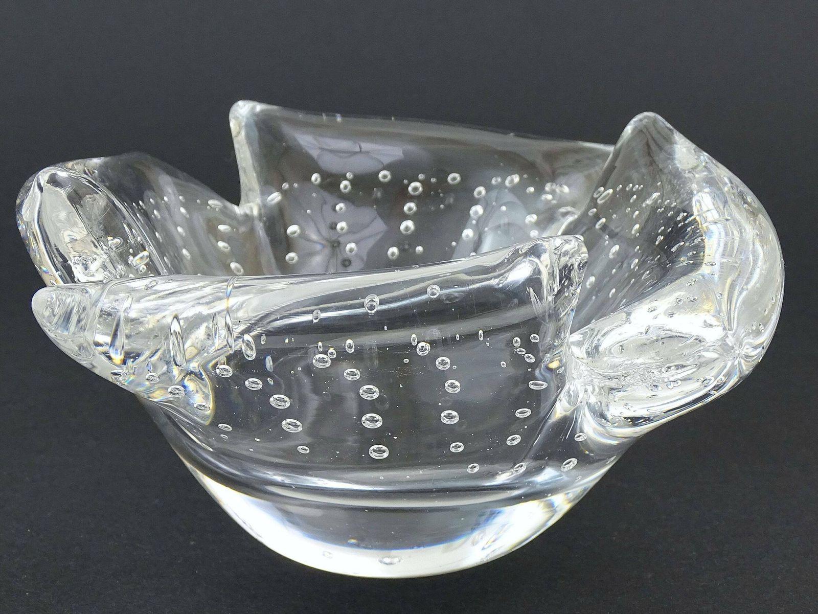 Large Vintage Mid Century Murano Style Bullicante Thick Art Glass Cigar Crystal Ashtray With Encased Air Bubbles, Studio Glass Vide Poche photo furniture