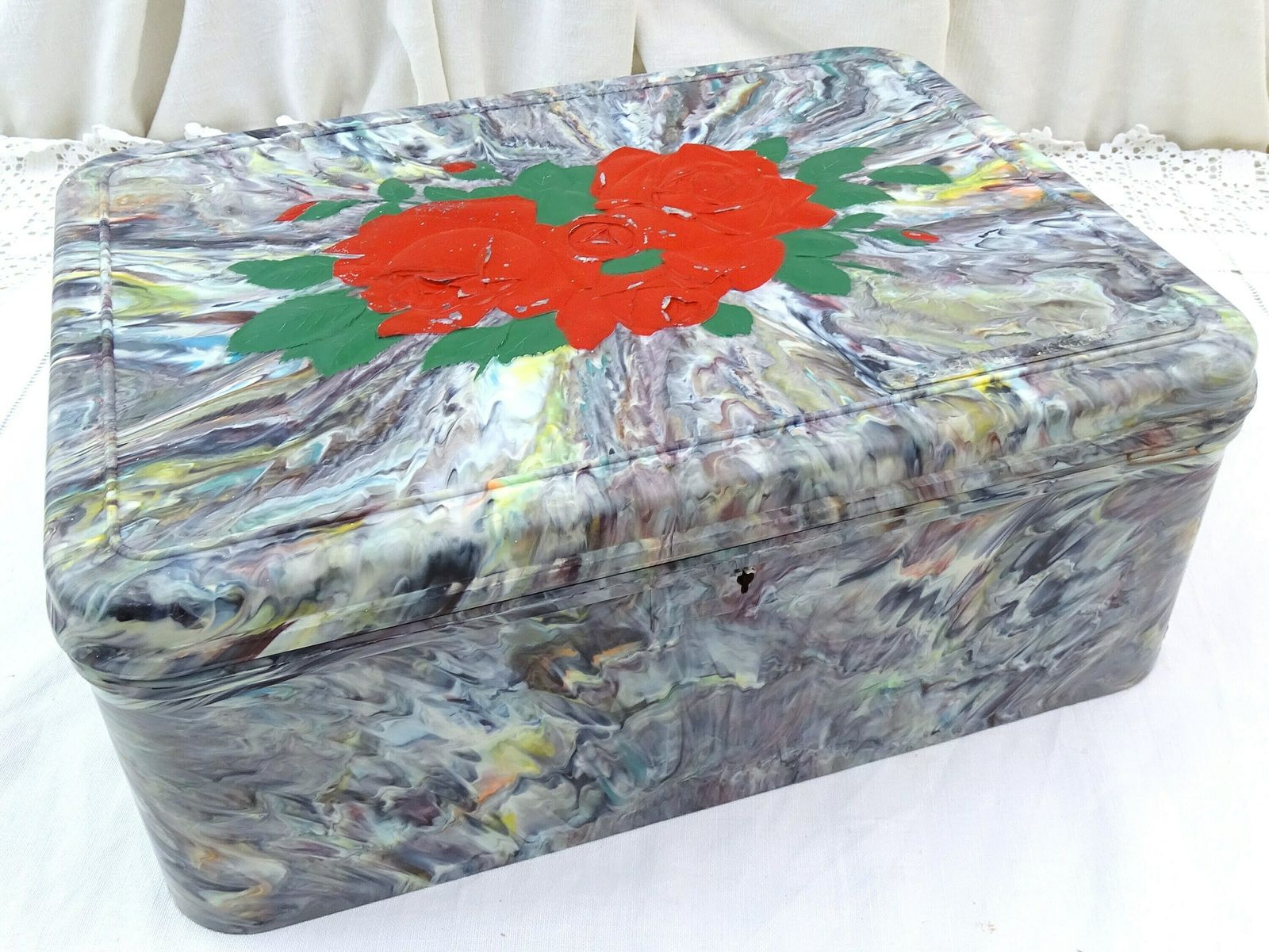 Large Vintage French Marbled Bakelite Rectangular Box Regibana With Red Rose Pattern On Lid, Promotional Mottled Plastic Container France photo for sale