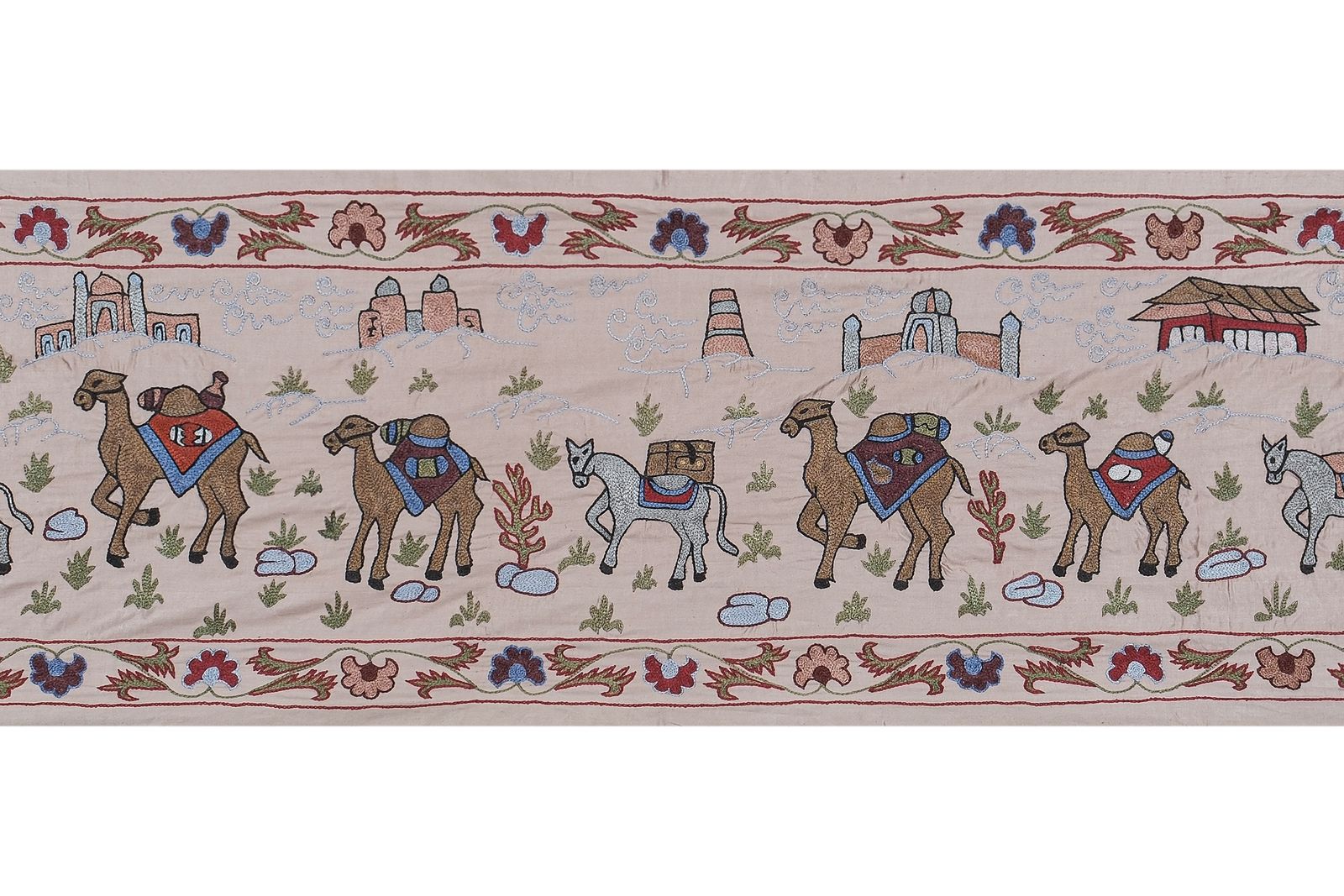 photo furniture Tashkent Suzani Animal Silk Tablecloth Case Made From A 19th Century Textile, Uzbek Wall Hanging Decor   Silk Camel Runner