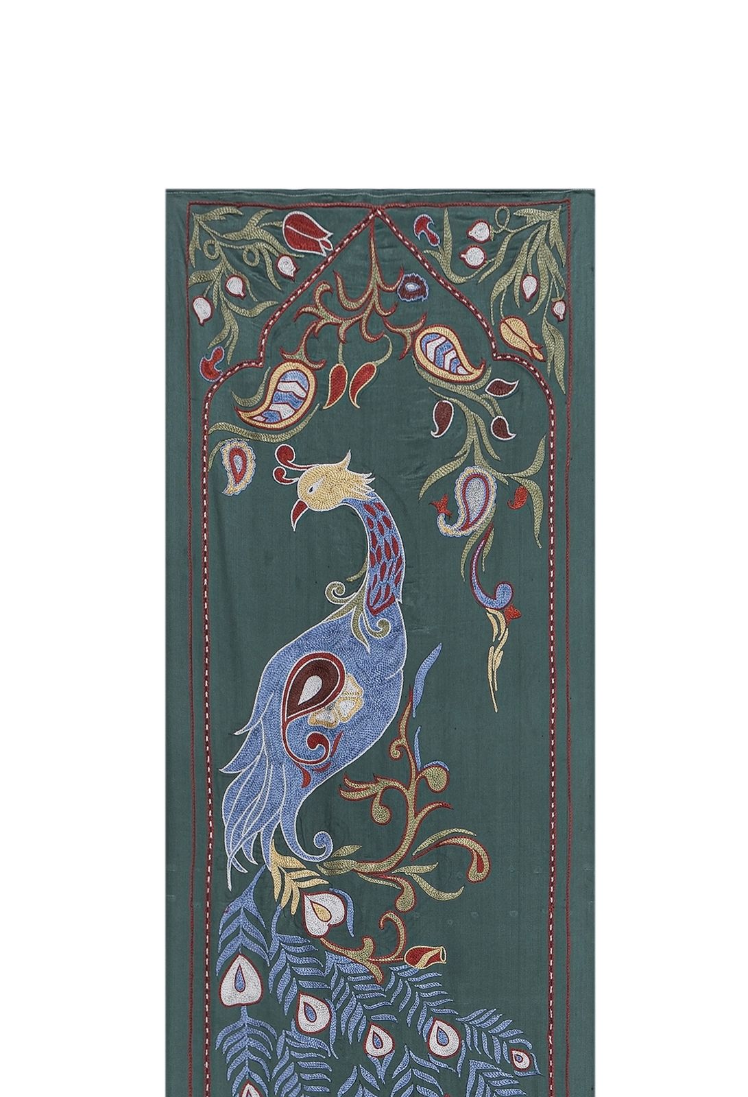 Green Suzani Wall Hanging   Embroidered Peacock Design Textile Art   Silk Cotton Blend Bukhara Runner 1'8'' X 6' photo vintage