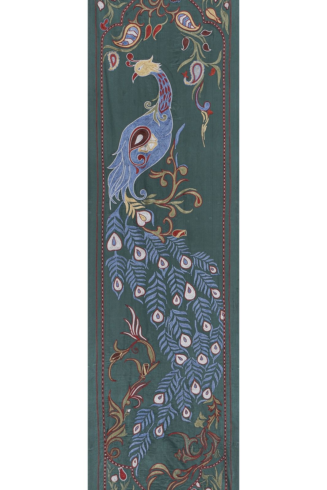 photo furniture Green Suzani Wall Hanging   Embroidered Peacock Design Textile Art   Silk Cotton Blend Bukhara Runner 1'8'' X 6'