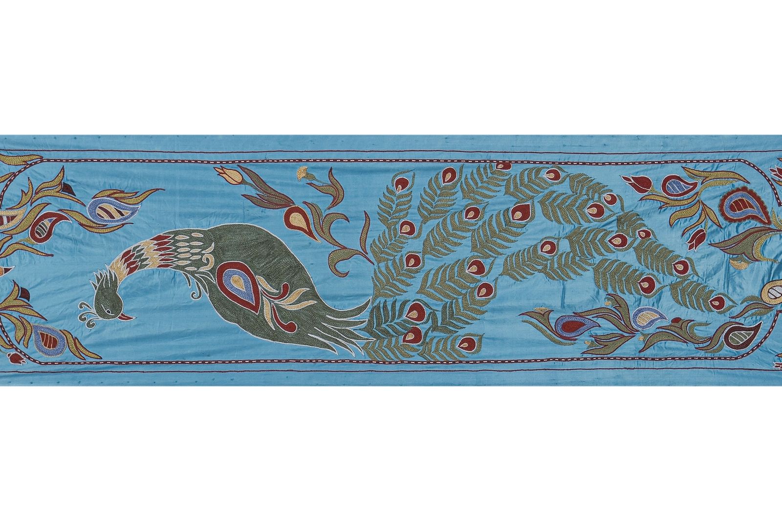 Blue Suzani Wall Hanging   Silk Peacock And Pictorial Embroidered Decorative Textile 1'8'' X 6'1'' photo furniture
