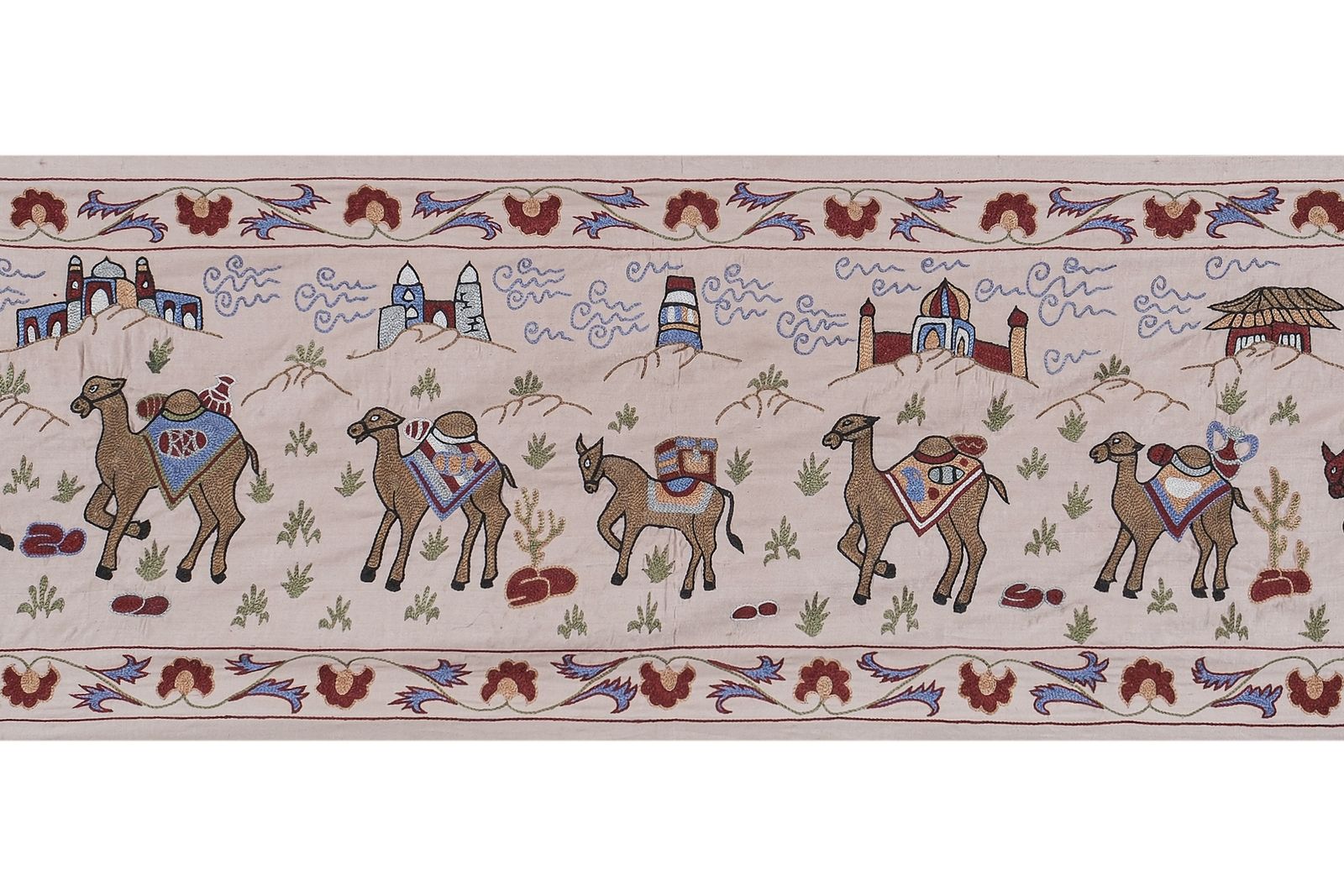 Boho Suzani Wall Hanging   Handmade Embroidery Featuring Camels And Desert Scenery 1'8'' X 6'2'' photo furniture