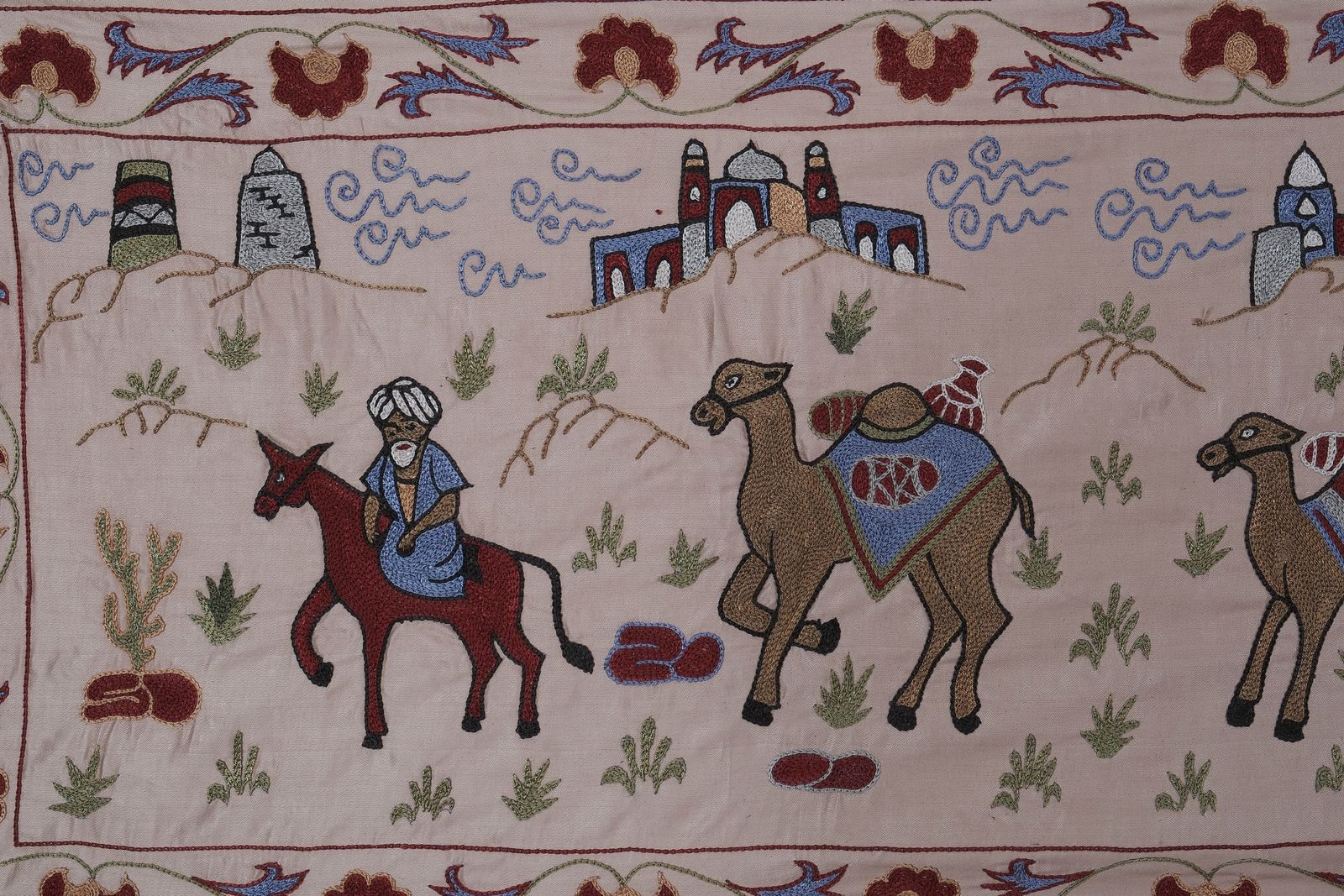 Boho Suzani Wall Hanging   Handmade Embroidery Featuring Camels And Desert Scenery 1'8'' X 6'2'' photo for sale