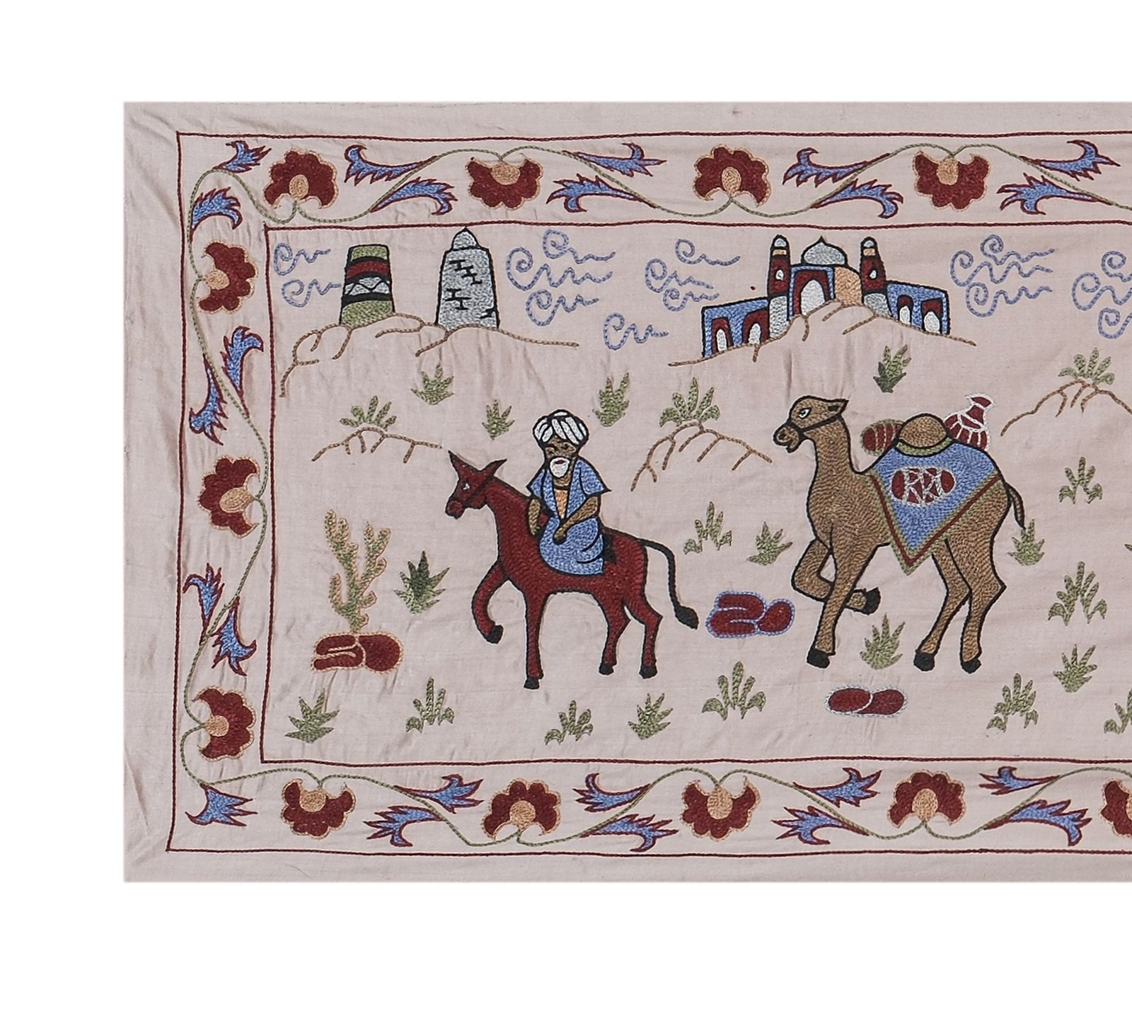 Boho Suzani Wall Hanging   Handmade Embroidery Featuring Camels And Desert Scenery 1'8'' X 6'2'' photo 225.0
