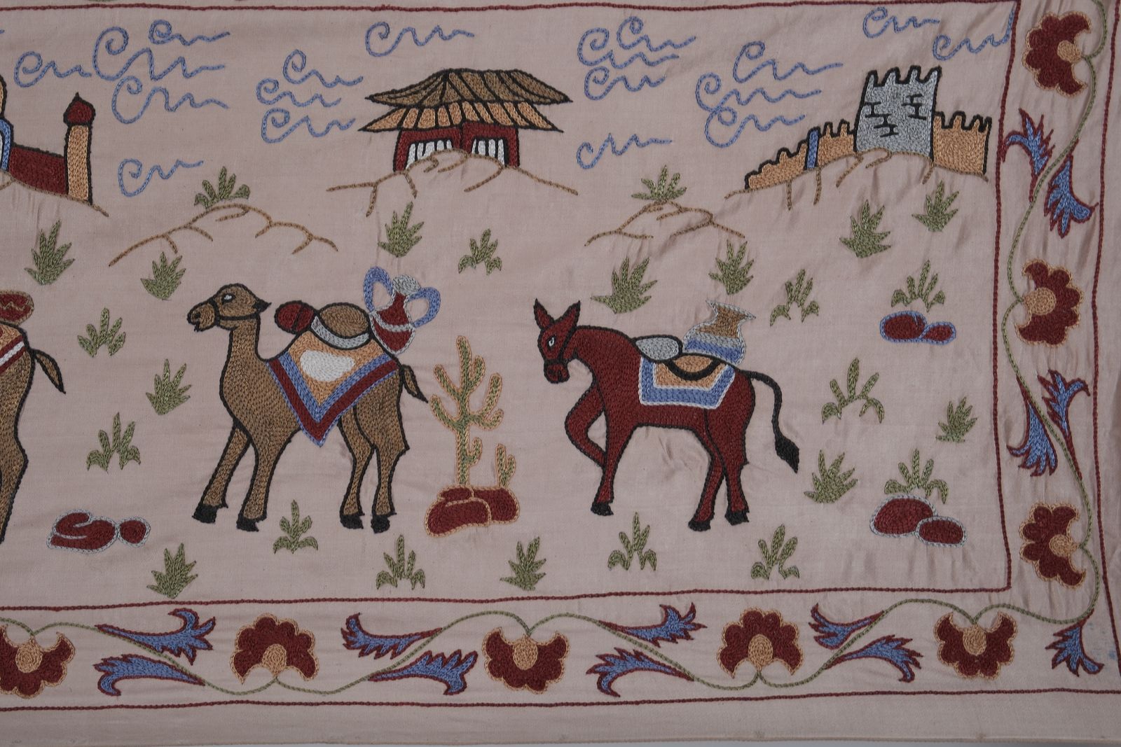 photo for sale Boho Suzani Wall Hanging   Handmade Embroidery Featuring Camels And Desert Scenery 1'8'' X 6'2''