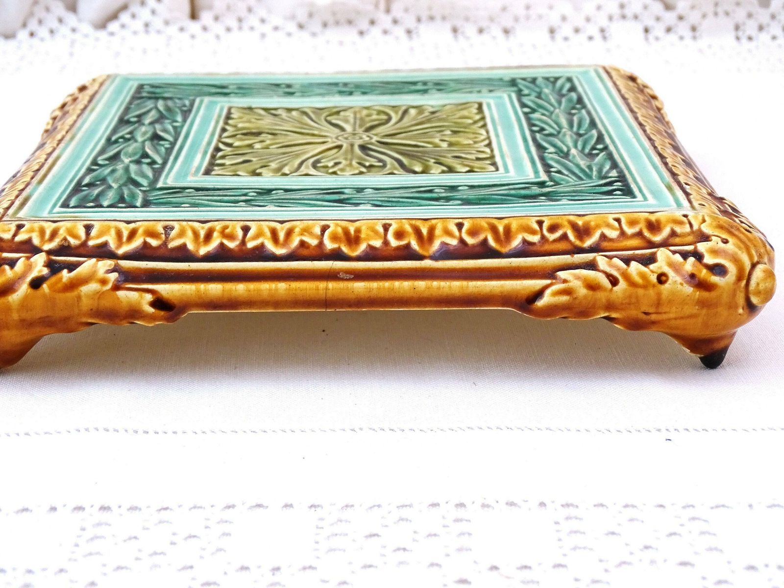 Rare Large Antique French Square Majolica Pottery Table Trivet In Green Tones And Golden Brown With Arts And Crafts Style Tile Pattern photo 129.0