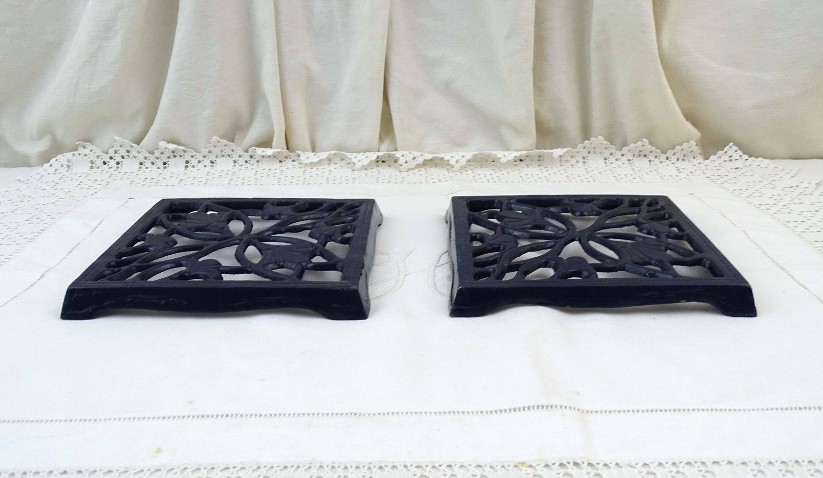 Pair Of Matching Vintage French Dark Blue Enamelware Square Kitchen Trivets, 2 Of The Same Heat Mats Made Of Enameled Cast Iron Metal France photo vintage